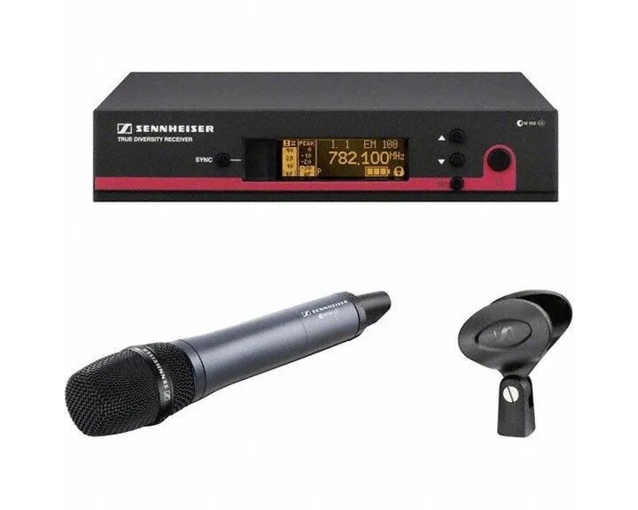 Geluid set met draadloze headset microfoon met 2 spaekers op statief.