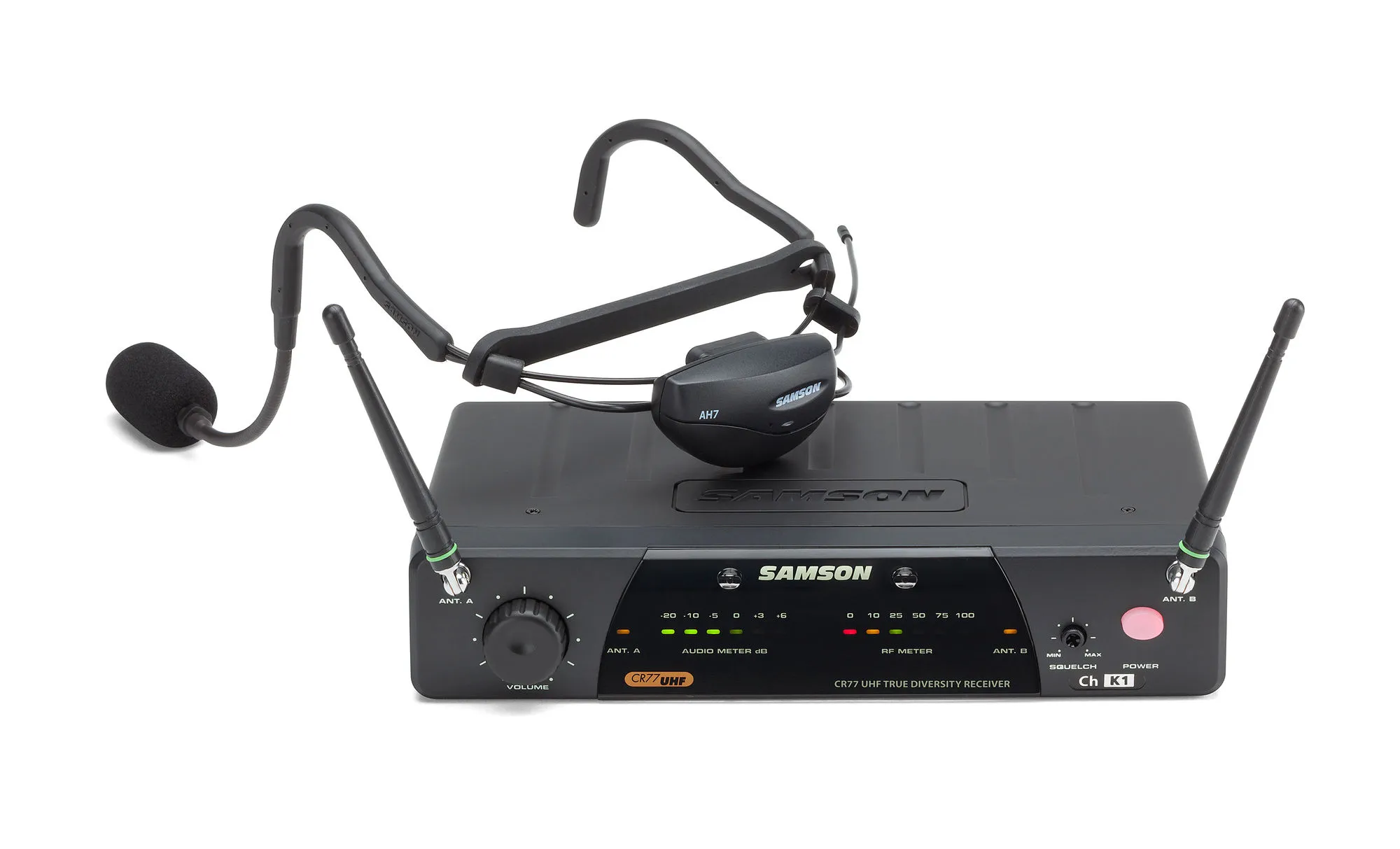 Geluid set met draadloze headset microfoon met 2 spaekers op statief.